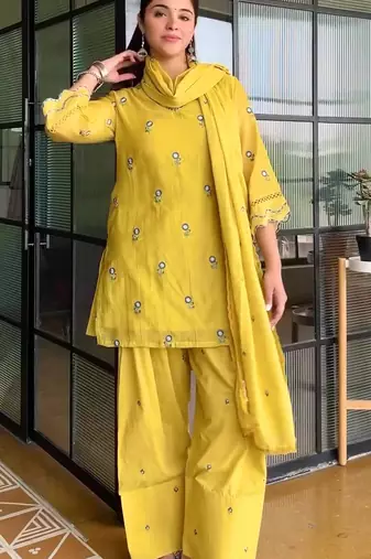 Yellow Color Embroid0ery Work Silk Blend Salwar Suit 