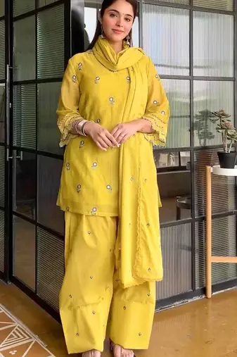 Yellow Color Embroid0ery Work Silk Blend Salwar Suit 