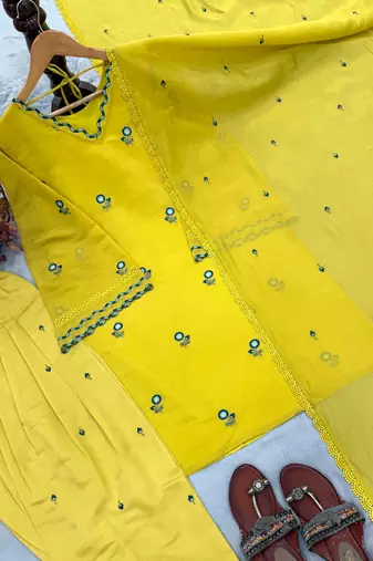 Yellow Color Embroid0ery Work Silk Blend Salwar Suit 