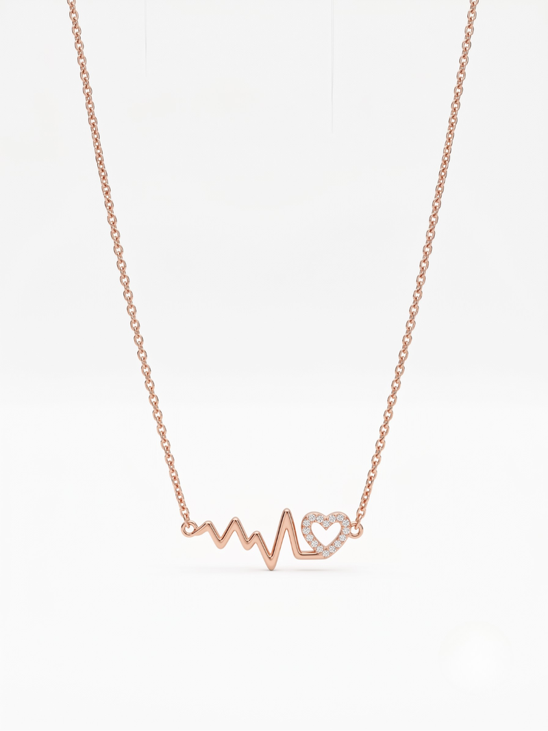 925 Sterling Silver Rose Gold CZ Heartbeat Heart  ECG Pendant Necklace Set for Women