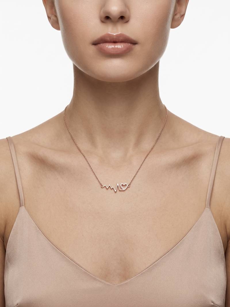 925 Sterling Silver Rose Gold CZ Heartbeat Heart  ECG Pendant Necklace Set for Women