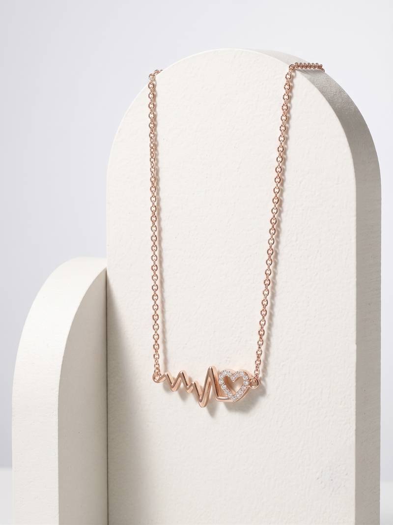 925 Sterling Silver Rose Gold CZ Heartbeat Heart  ECG Pendant Necklace Set for Women