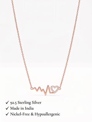 925 Sterling Silver Rose Gold CZ Heartbeat Heart  ECG Pendant Necklace Set for Women 5