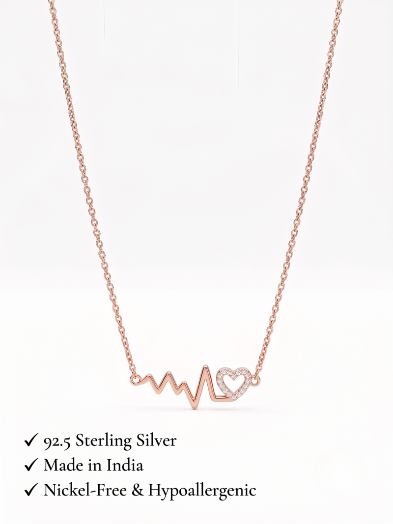 925 Sterling Silver Rose Gold CZ Heartbeat Heart  ECG Pendant Necklace Set for Women