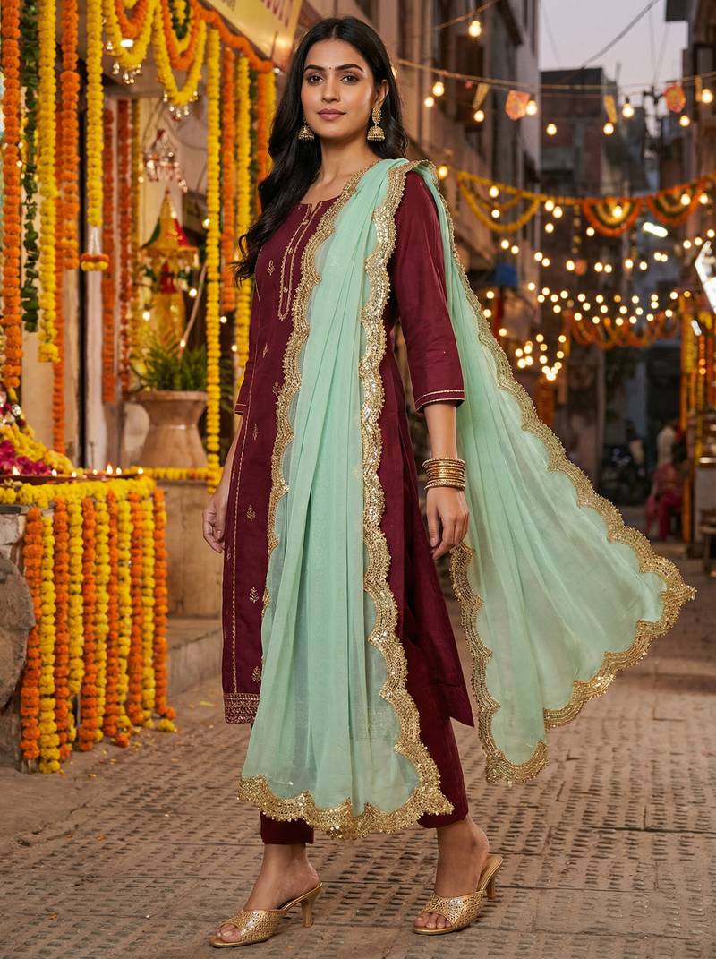 Dyed orgenza dupatta with sequance lace