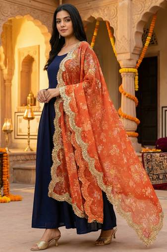 Floral orgenza dupatta with sequance lace