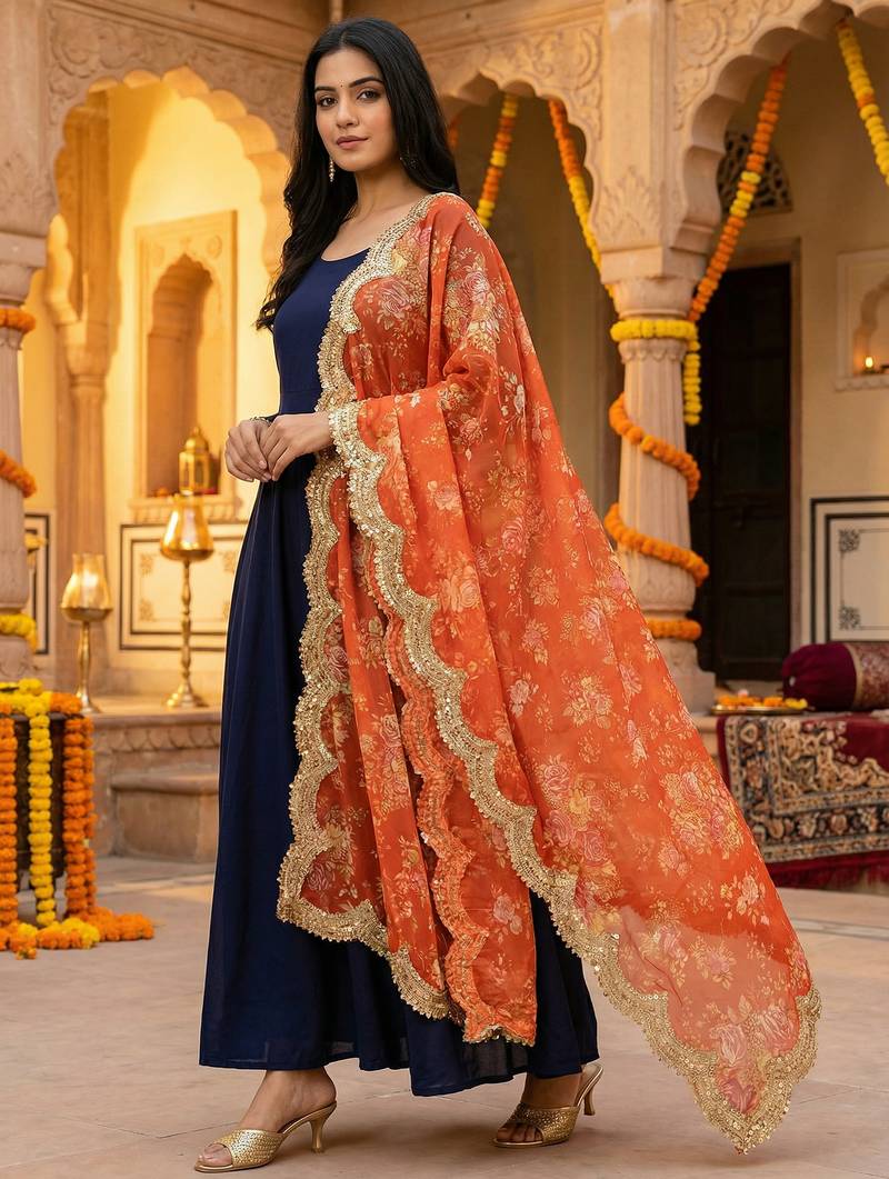 Floral orgenza dupatta with sequance lace