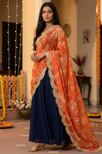 Floral orgenza dupatta with sequance lace