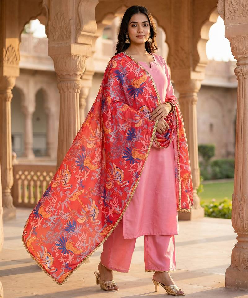 Printed georgette silk multi sequnce lace work dupatta