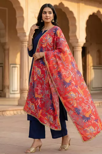 Printed georgette silk multi sequnce lace work dupatta
