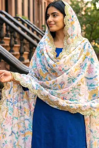Printed georgette silk multi sequnce lace work dupatta