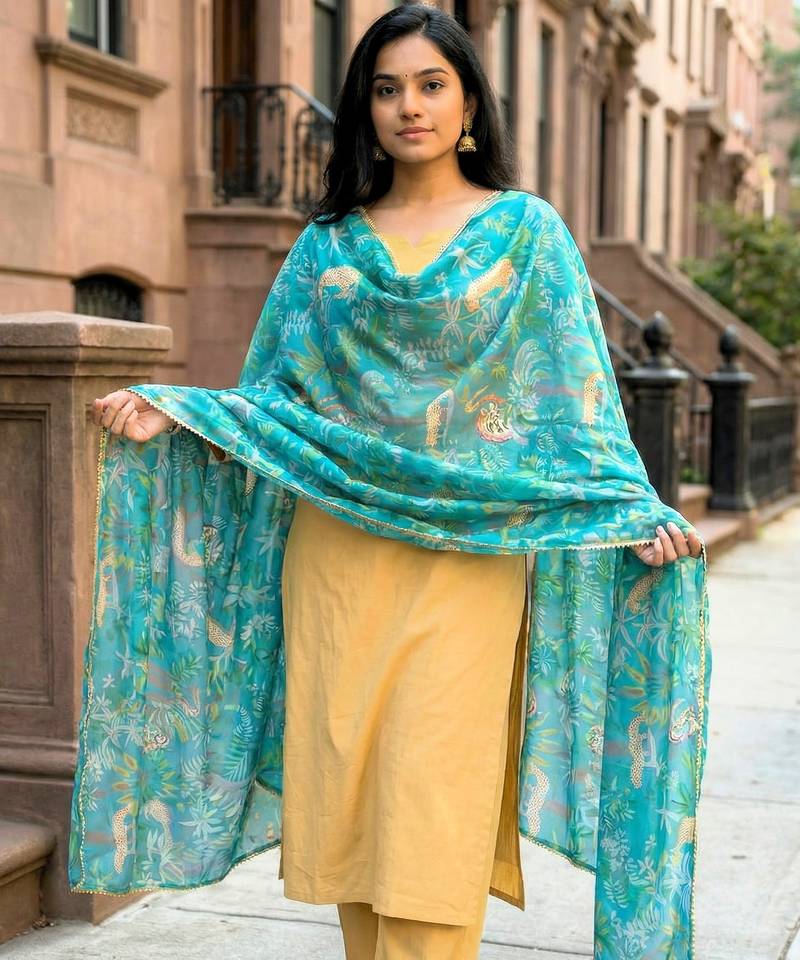 Printed georgette silk multi sequnce lace work dupatta