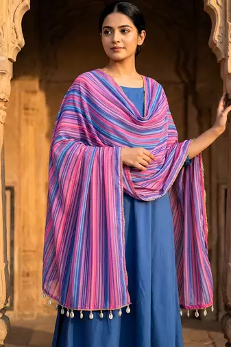Printed georgette silk multi sequnce lace work dupatta
