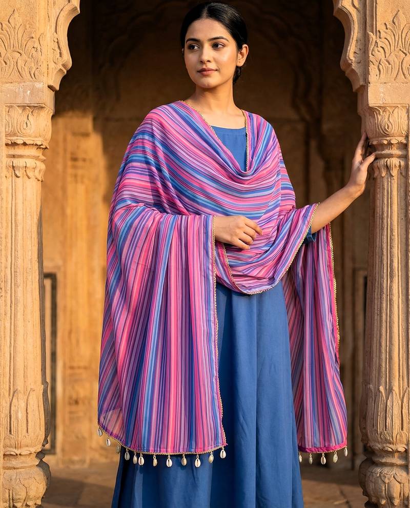Printed georgette silk multi sequnce lace work dupatta