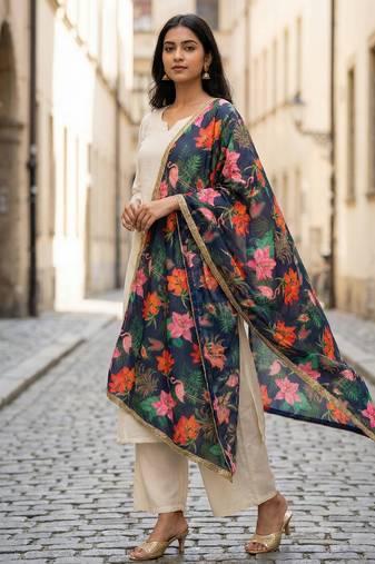 Printed georgette silk multi sequnce lace work dupatta