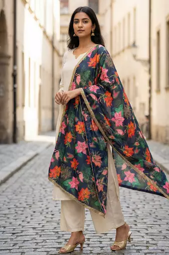 Printed georgette silk multi sequnce lace work dupatta