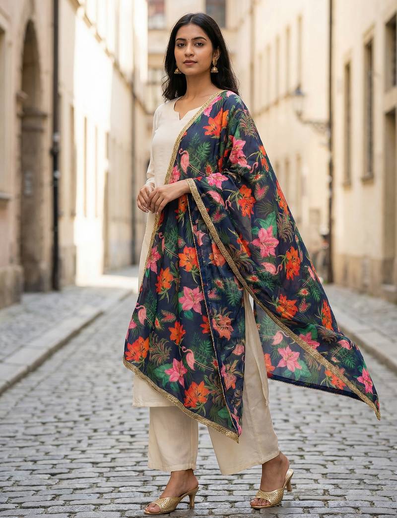 Printed georgette silk multi sequnce lace work dupatta