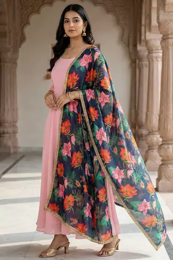 Printed georgette silk multi sequnce lace work dupatta