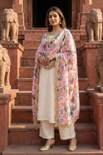 Printed georgette silk multi sequnce lace work dupatta