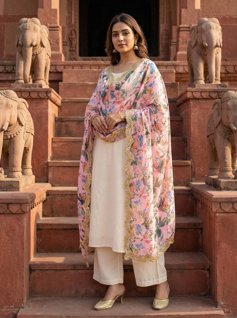 Printed georgette silk multi sequnce lace work dupatta