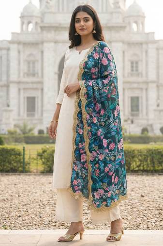Printed georgette silk multi sequnce lace work dupatta