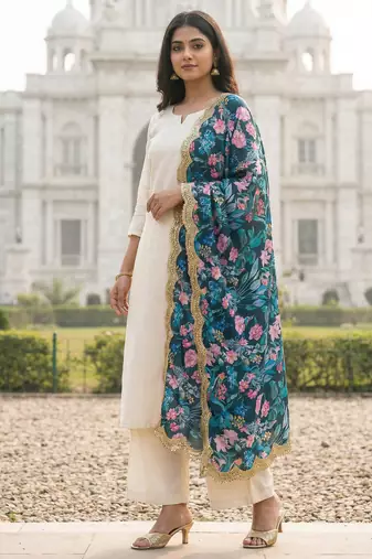 Printed georgette silk multi sequnce lace work dupatta