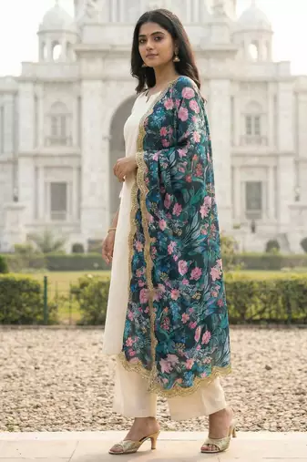 Printed georgette silk multi sequnce lace work dupatta