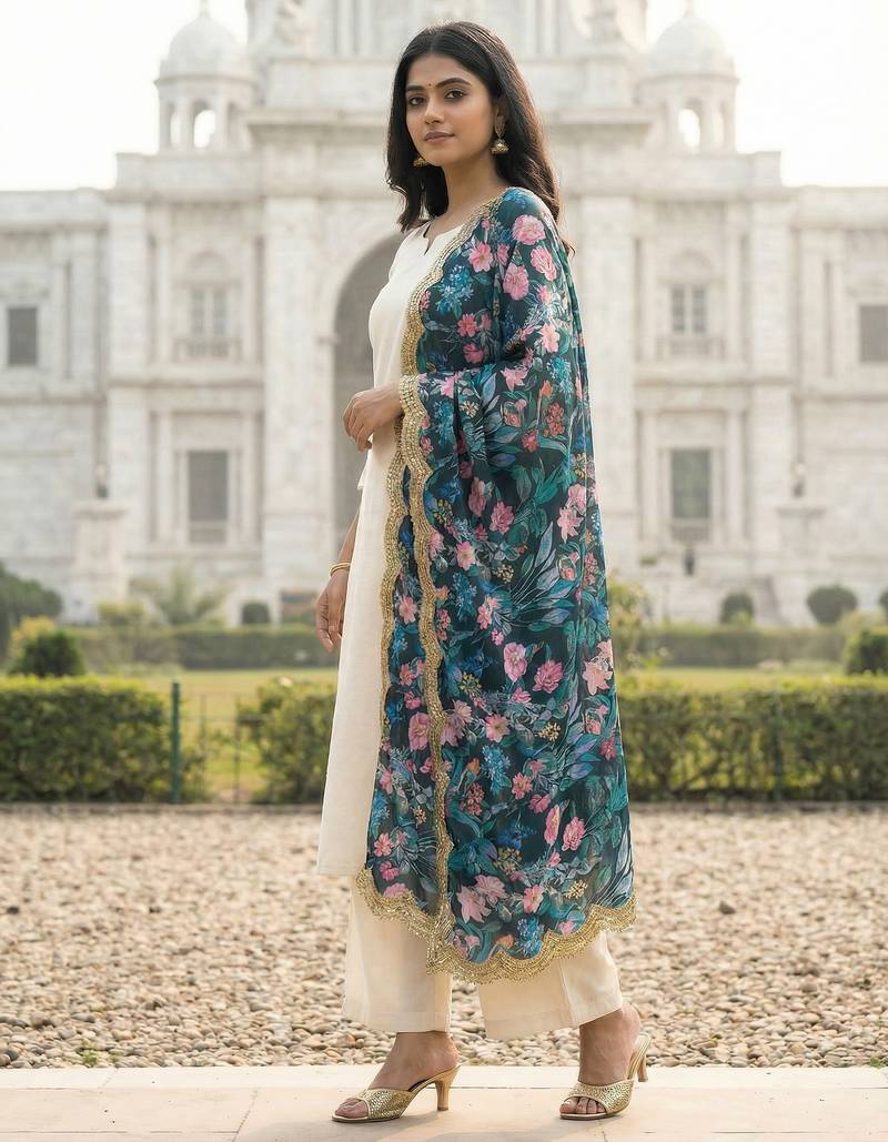 Printed georgette silk multi sequnce lace work dupatta