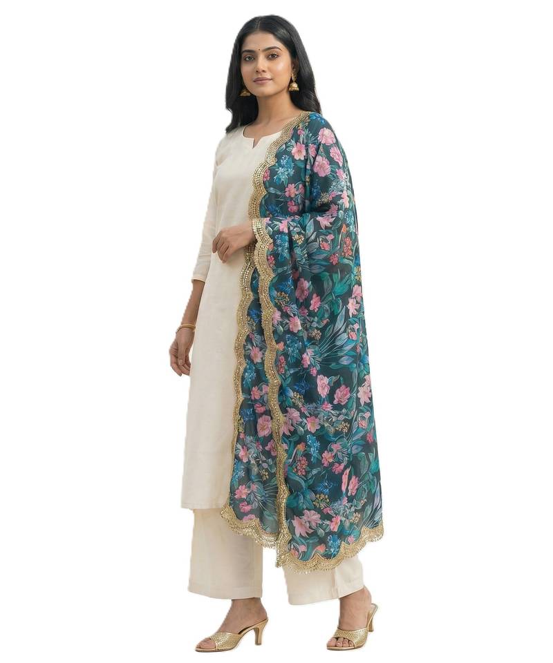 Printed georgette silk multi sequnce lace work dupatta