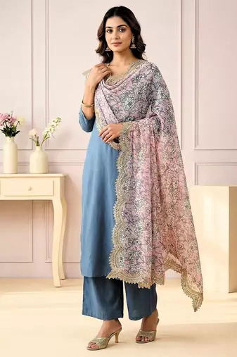 Kalamkri pink satin glass orgenza silk fabric sequnce dupatta