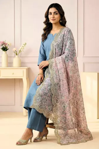 Kalamkri pink satin glass orgenza silk fabric sequnce dupatta