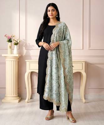 Kalamkri green satin glass orgenza silk fabric sequnce dupatta 1