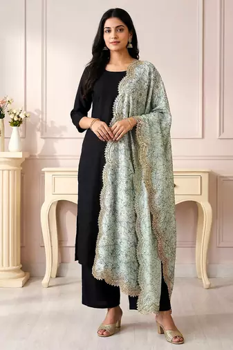 Kalamkri green satin glass orgenza silk fabric sequnce dupatta