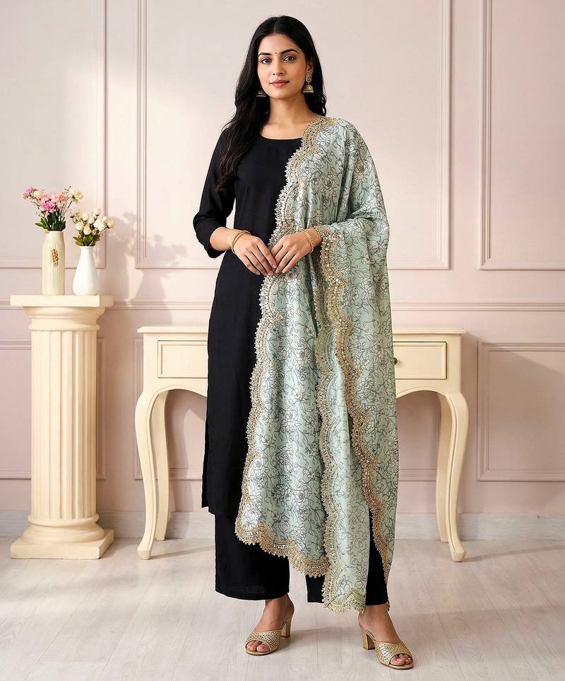 Kalamkri green satin glass orgenza silk fabric sequnce dupatta