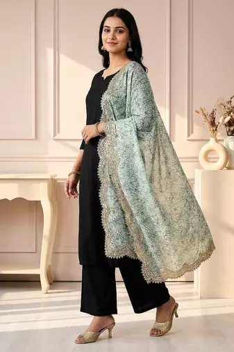 Kalamkri green satin glass orgenza silk fabric sequnce dupatta