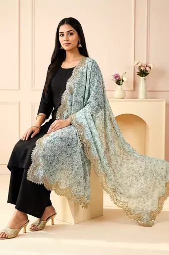 Kalamkri green satin glass orgenza silk fabric sequnce dupatta