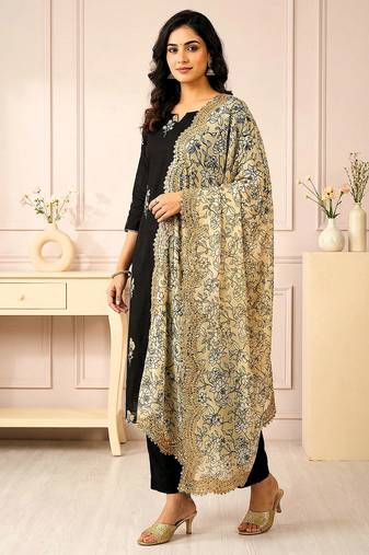 Kalamkri lemon satin glass orgenza silk fabric sequnce dupatta