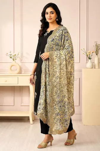 Kalamkri lemon satin glass orgenza silk fabric sequnce dupatta