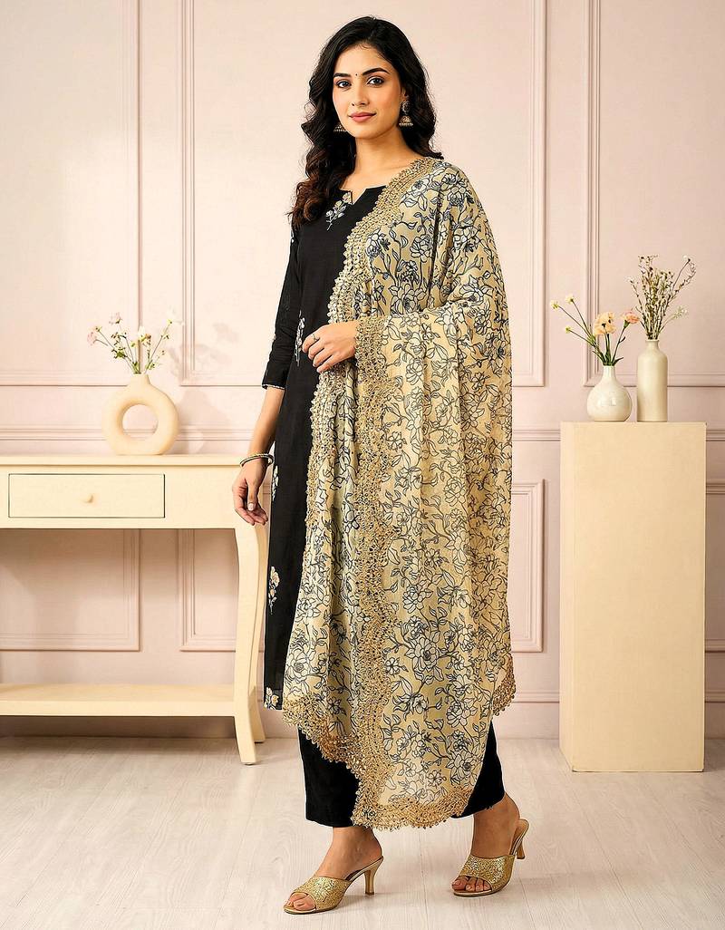 Kalamkri lemon satin glass orgenza silk fabric sequnce dupatta