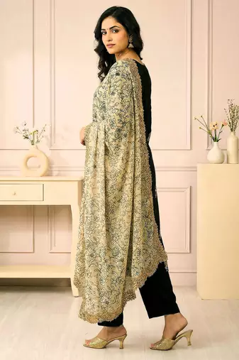 Kalamkri lemon satin glass orgenza silk fabric sequnce dupatta