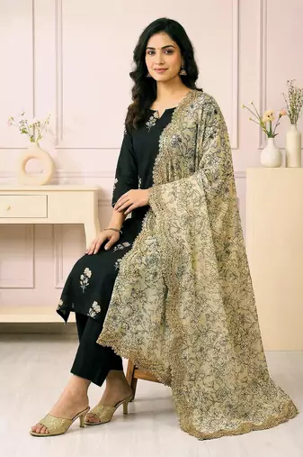 Kalamkri lemon satin glass orgenza silk fabric sequnce dupatta