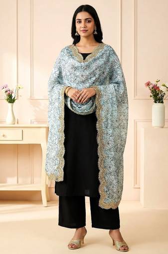 Kalamkri sky satin glass orgenza silk fabric sequnce dupatta