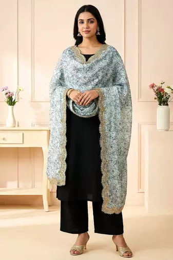 Kalamkri sky satin glass orgenza silk fabric sequnce dupatta