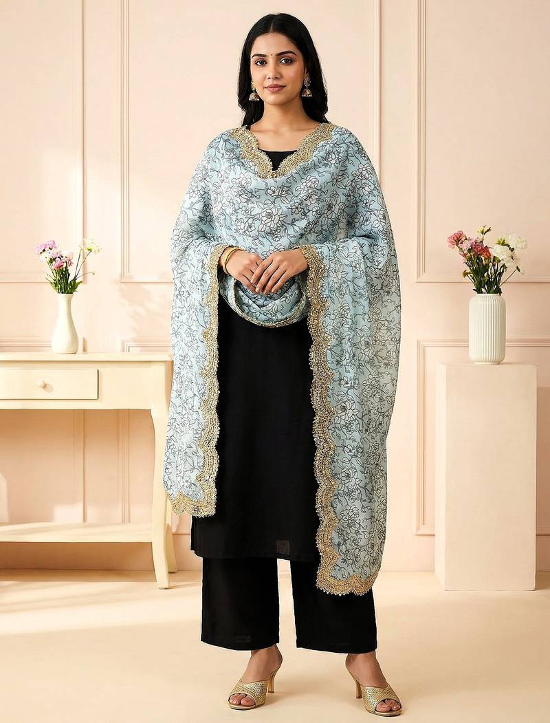 Kalamkri sky satin glass orgenza silk fabric sequnce dupatta