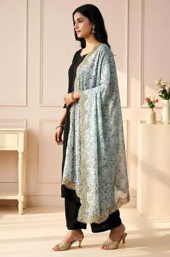 Kalamkri sky satin glass orgenza silk fabric sequnce dupatta