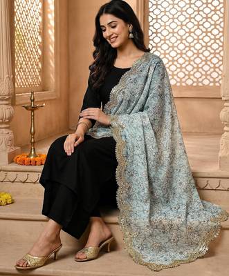Kalamkri sky satin glass orgenza silk fabric sequnce dupatta 3
