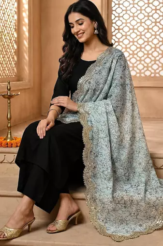 Kalamkri sky satin glass orgenza silk fabric sequnce dupatta
