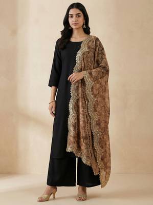 Negative printed brown satin shiney orgenza silk fabric sequnce dupatta 1