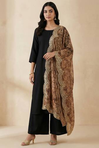 Negative printed brown satin shiney orgenza silk fabric sequnce dupatta