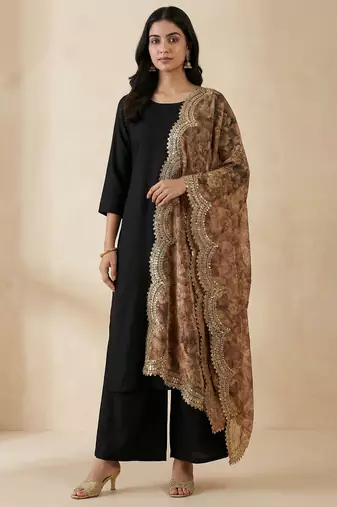 Negative printed brown satin shiney orgenza silk fabric sequnce dupatta